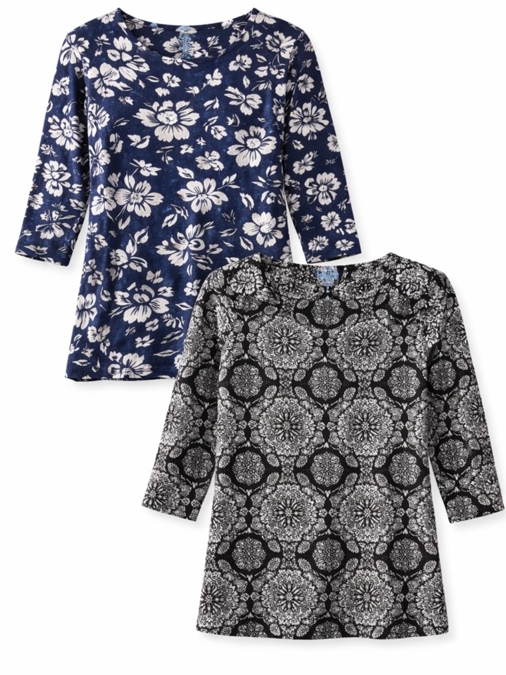 Croft & Barrow Bundle L Cotton Cruise Vacation Top 2 Floral Print Black/Navy